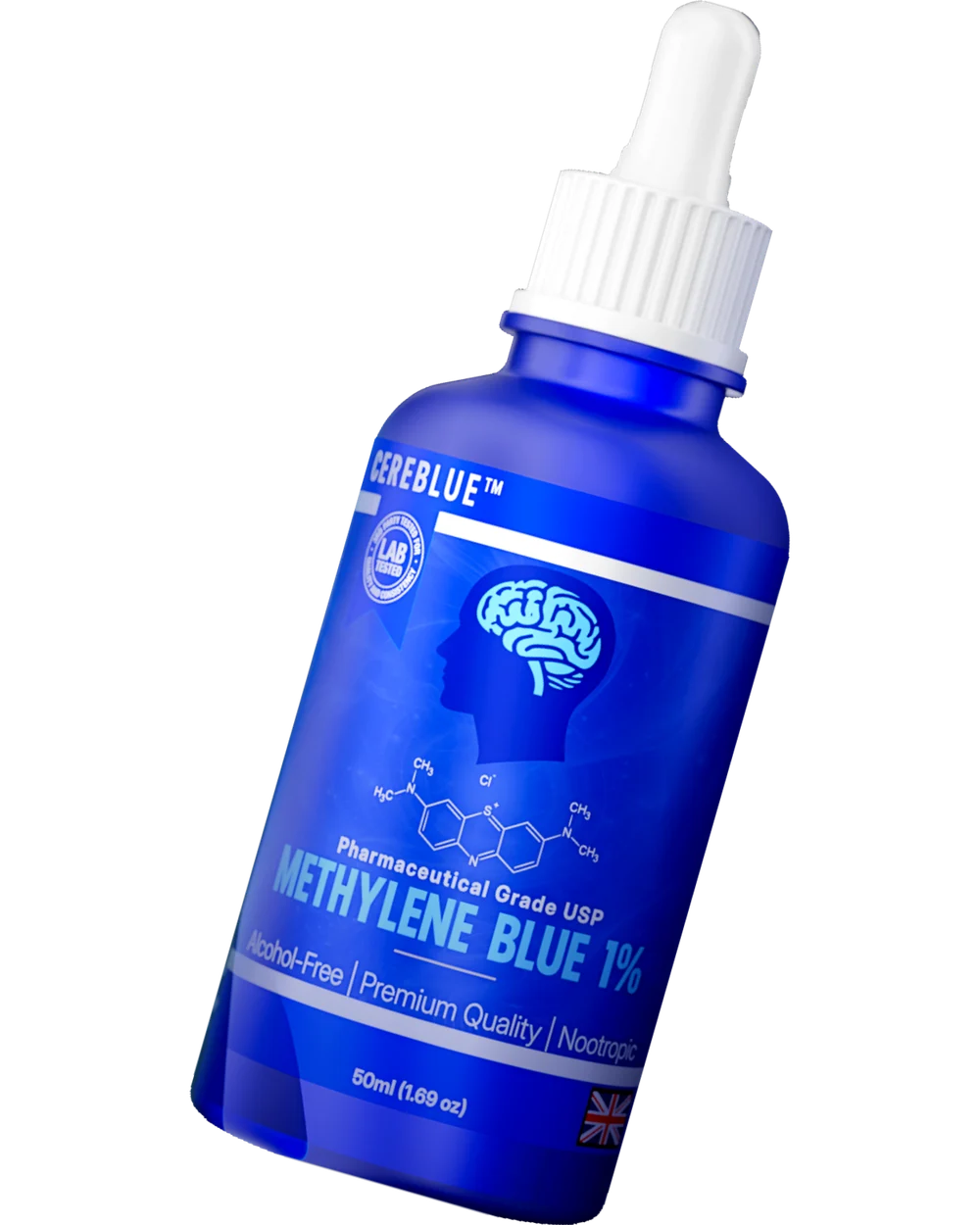Cereblue Methylene Blue 1% in a blue 50 ml dropper bottle